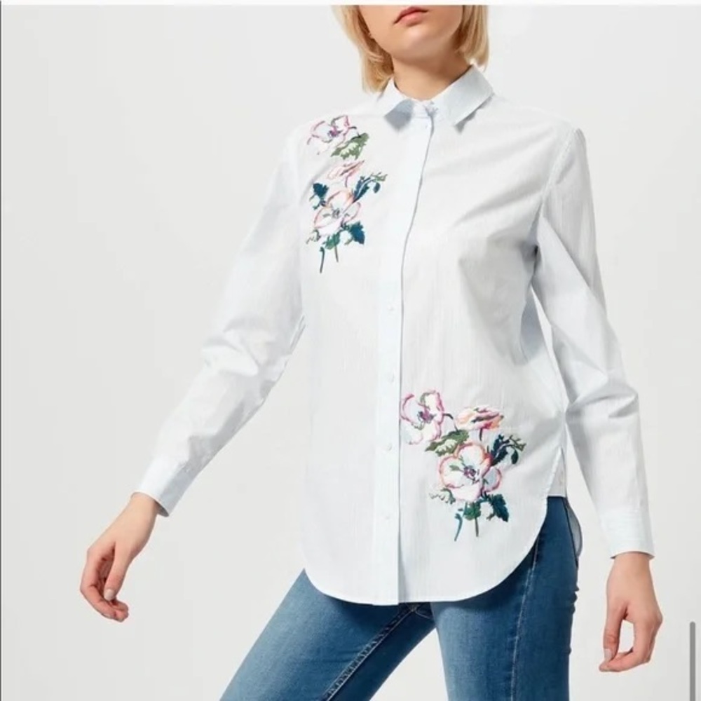Joules Laurel Shirt Button-up Embroidered Floral Striped Light Blue Size 10